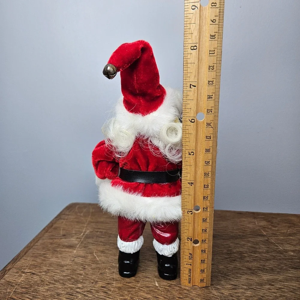 Santa Claus Figurine Porcelin Face Red Velvet‎ Suit Fur Trim Jingle Bell 7